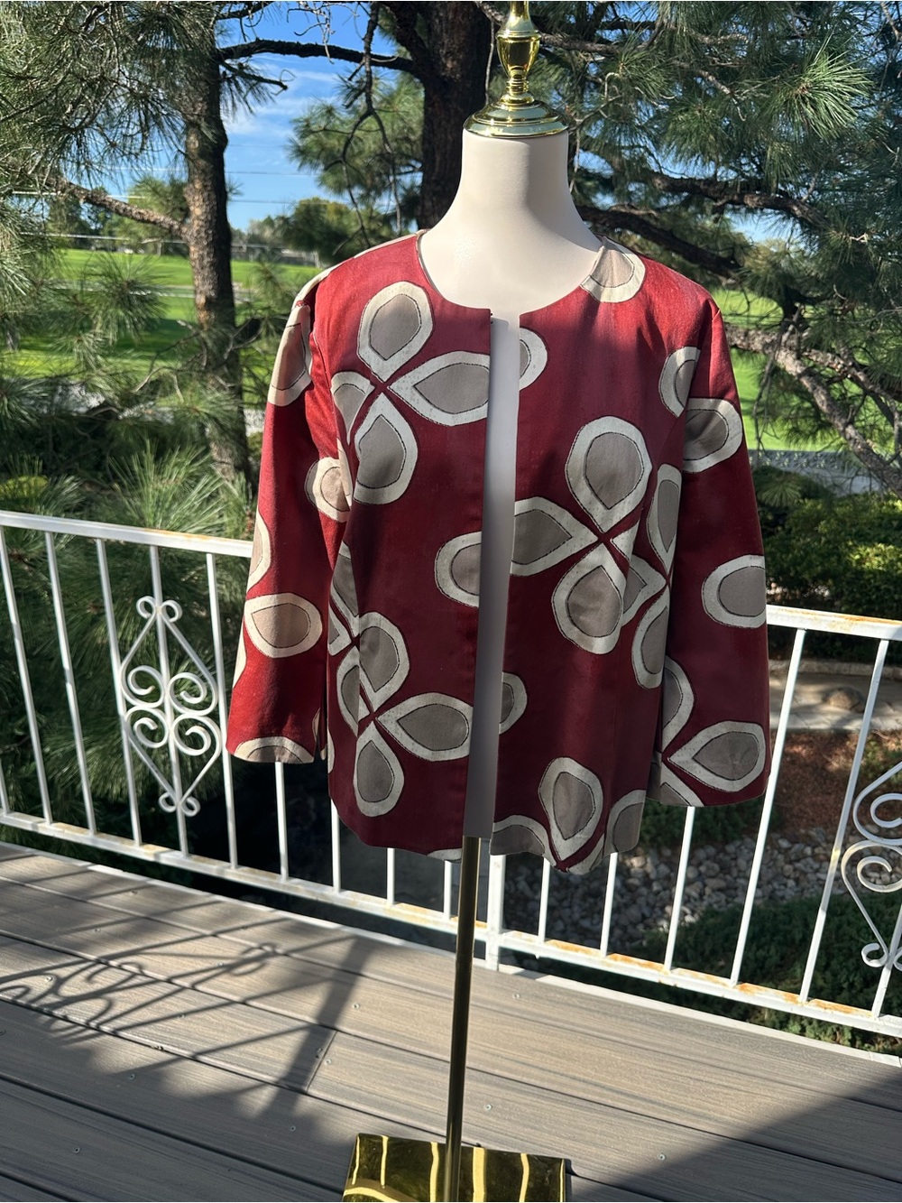 Chico's Red/ Rust  and Cream Open-Front Patterned Jacket